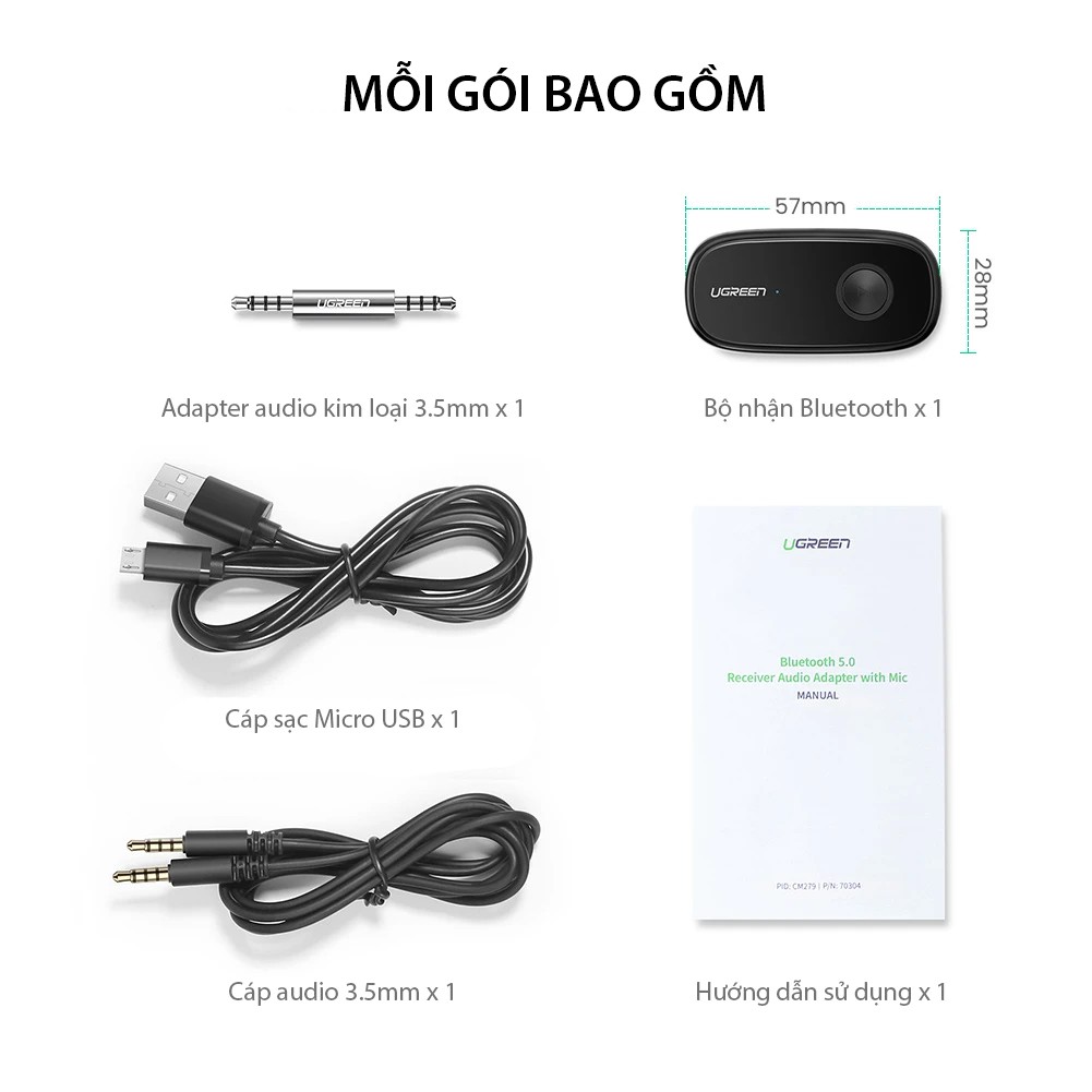 [Mã ELHACE giảm 4% đơn 300K] Bộ nhận âm thanh 5.0 APTX Bluetooth độ trễ thấp có mic 1 đầu cái 3.5mm UGREEN CM279 70304