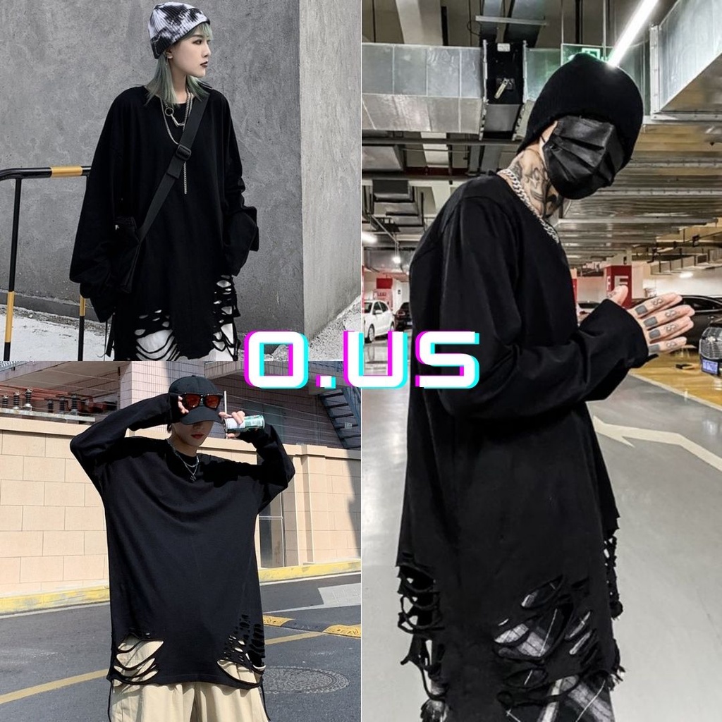 Áo thun dài tay 95% cotton rách gấu tạo layer màu basic hip hop unisex nam nữ