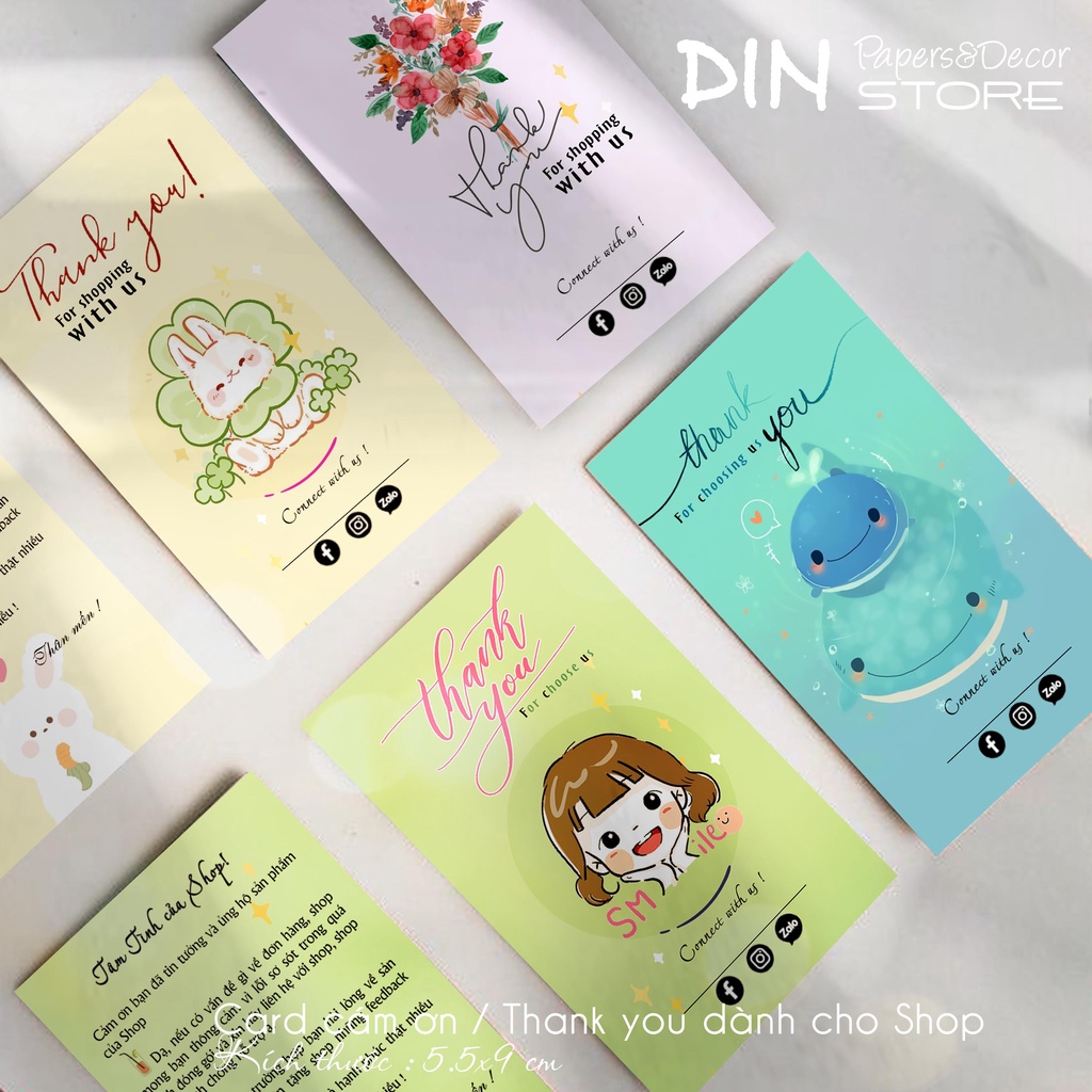 Hộp 50 / 100 card Thank you / thiệp cảm ơn khách hàng - Thẻ giấy cứng KT 9x5,4cm cho Shop online, Cửa hàng - DIN Store
