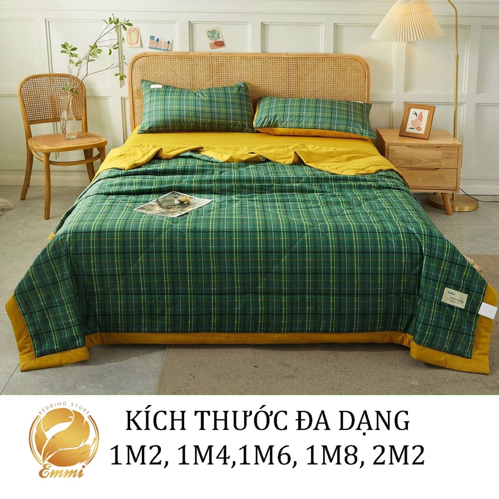 Bộ chăn ga gối cotton tici chăn trần EMMI Bedding mẫu kẻ xanh rêu  grap nệm thun lạnh Hàn Quốc Drap giường đệm đủ size