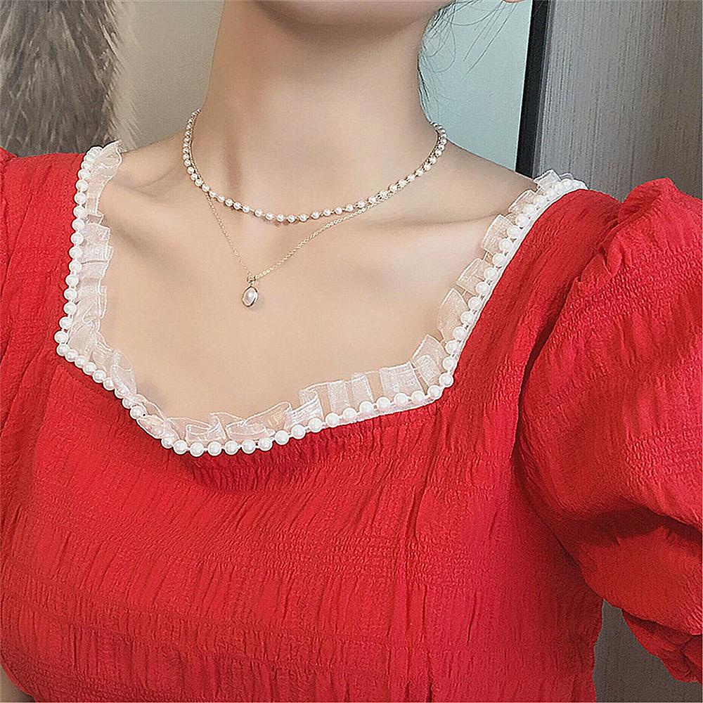 Vòng cổ choker hai lớp đính hạt ngọc trai thời trang mùa hè 2021 phong cách retro dành cho nữ