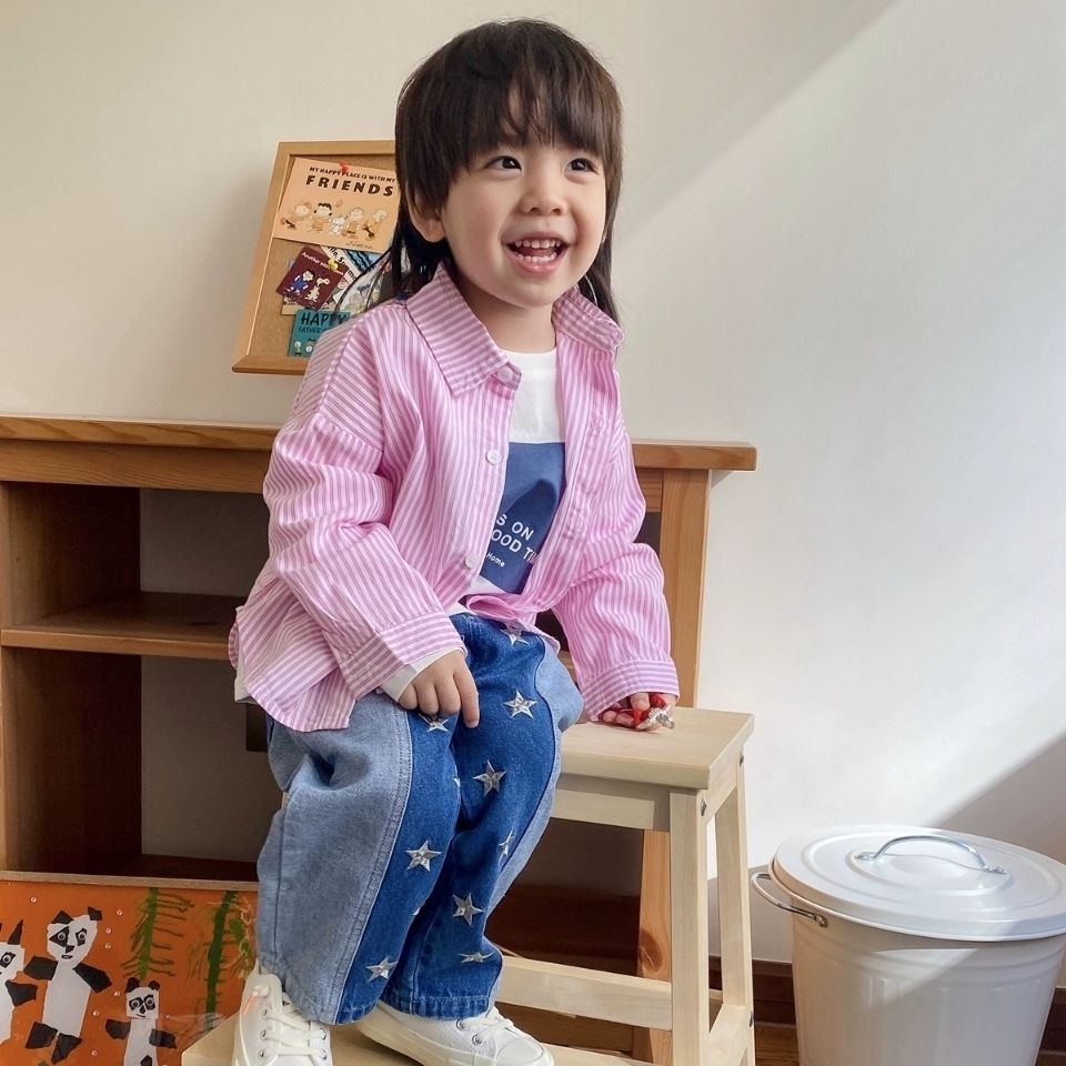 Áo Sơ Mi Tay Dài Kẻ Sọc Màu Hồng Thời Trang Mùa Xuân 2022 Cho Bé Trai