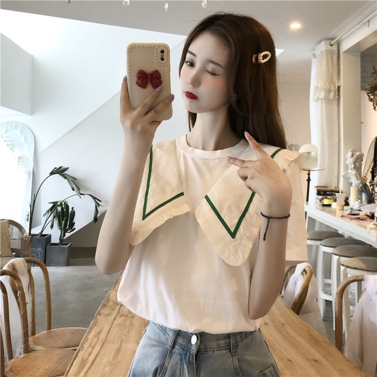 Áo thun tay ngắn cổ búp bê phong cách Hàn Quốc