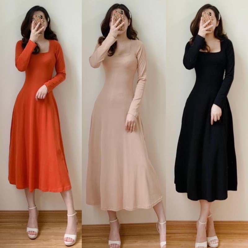 Đầm cổ vuông thun dài tay