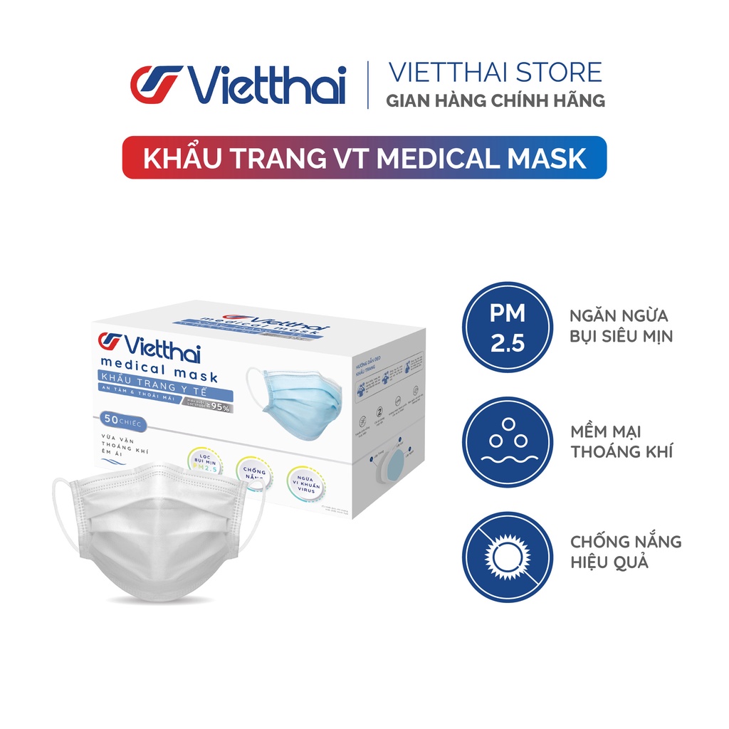 Khẩu trang y tế VT Medical Mask kháng khuẩn và bụi siêu mịn 95% - Chính hãng Vietthai - Hộp 50 chiếc