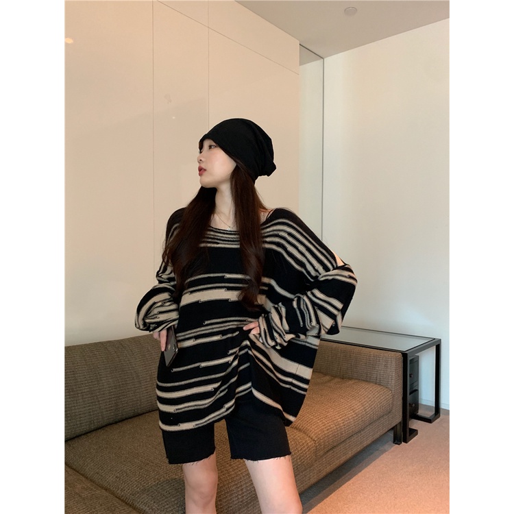 Striped sweater women's fashion retro chic loose lazy style Pullover Jacket