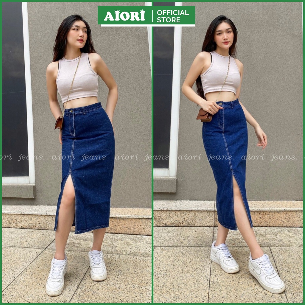 Chân Váy Jean nữ AIORI Dài Dáng Chữ A Xẻ Tà Thời Trang Hàn Quốc_Mã V02