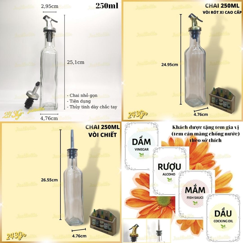 CHAI CHIẾT RÓT XỊT ĐỰNG DẦU ĂN 250ML 500ML 600ML🥇ĐƯỢC CHỌN TEM NHÃN 🥇CHAI ĐỰNG GIA VỊ NƯỚC MẮM TƯƠNG RƯỢ DẤM THỦY TINH