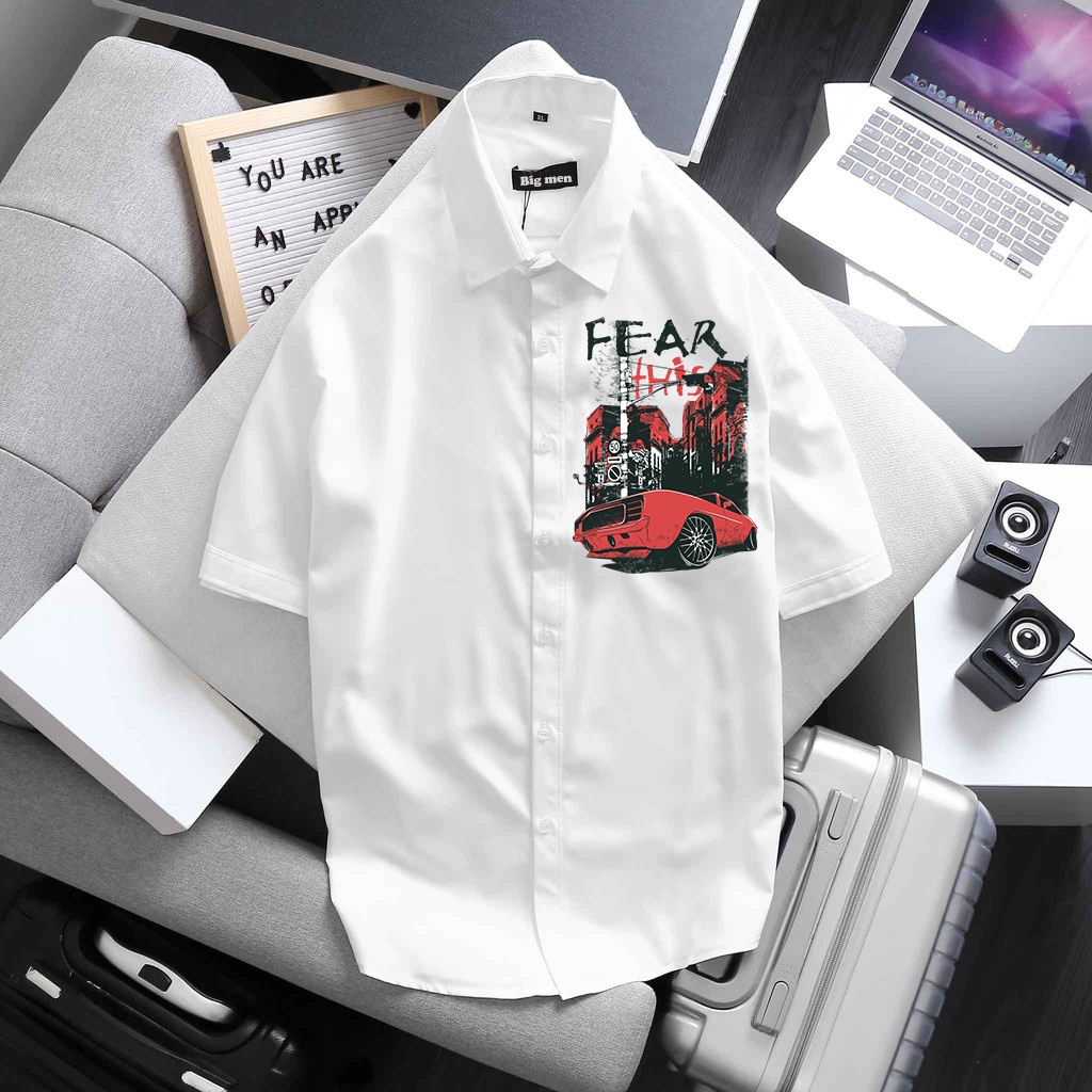 [bigsize] Áo sơ mi tay ngắn in hình xe cá tính 75-140KG