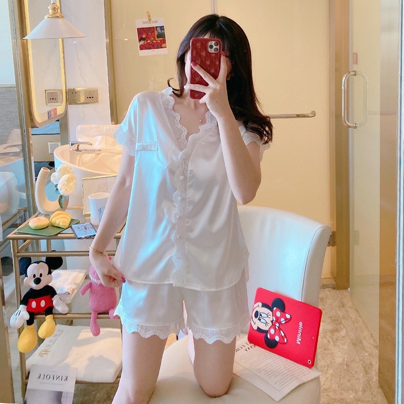 Bộ Pijama lụa Cao cấp⚡️FREESHIP⚡️ Đồ bộ mặc nhà lụa chất lượng cao- Đồ ngủ viền ren cúc ngọc mềm mịn, sẵn 4 màu