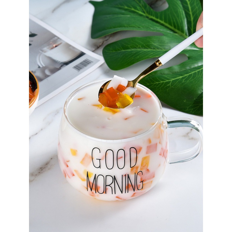 Ly Thủy Tinh Dễ Thương Good Morning 350ml, Cốc Thủy Tinh Chịu Nhiệt Có Quai Decor Oudecor