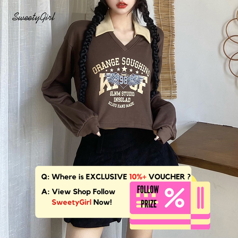 Áo Thun Tay Dài Cổ Chữ V Dáng Rộng In Chữ Phối Màu Tương Phản Thời Trang 2022 Cho Nữ