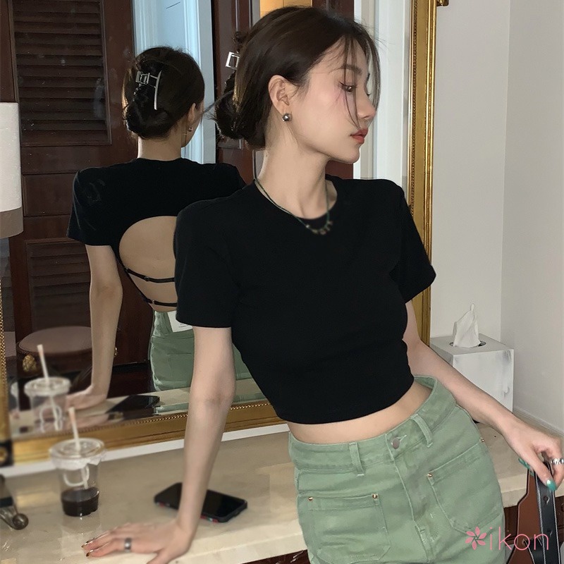 Áo Thun Croptop Hở Lưng Cổ Tròn Phong Cách Hàn Quốc Quyến Rũ Dành Cho Nữ