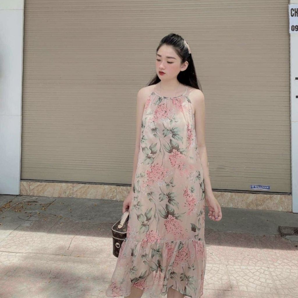 Váy bầu hai dây thiết kế M472 vải lụa tơ hai lớp thời trang Mom and Baby