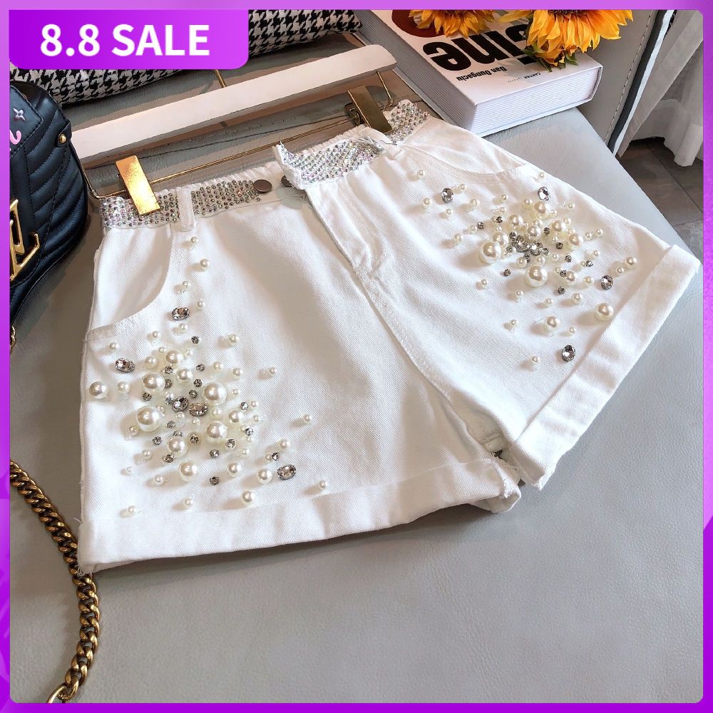 [pure cotton] European station denim shorts women's 2022 summer new heavy industry nail beaded drill high waist a wide leg trousers