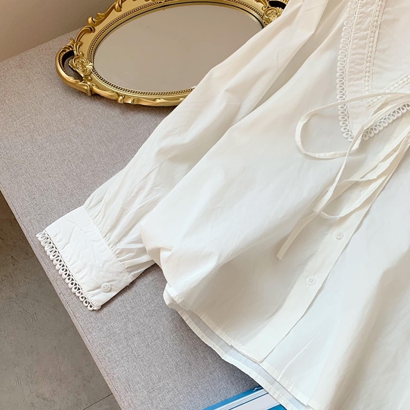 Áo sơ mi trắng nữ tay dài công sở phối ren buộc nơ phong cách babydoll Hàn Quốc Maitrangshop92 (TTA101)