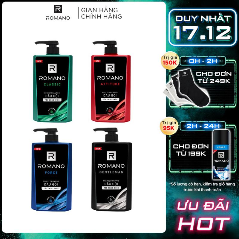 Dầu gội Romano hương nước hoa Classic/ Force/ Attitude/ Gentleman 650g/chai - 4 mùi hương có sẵn