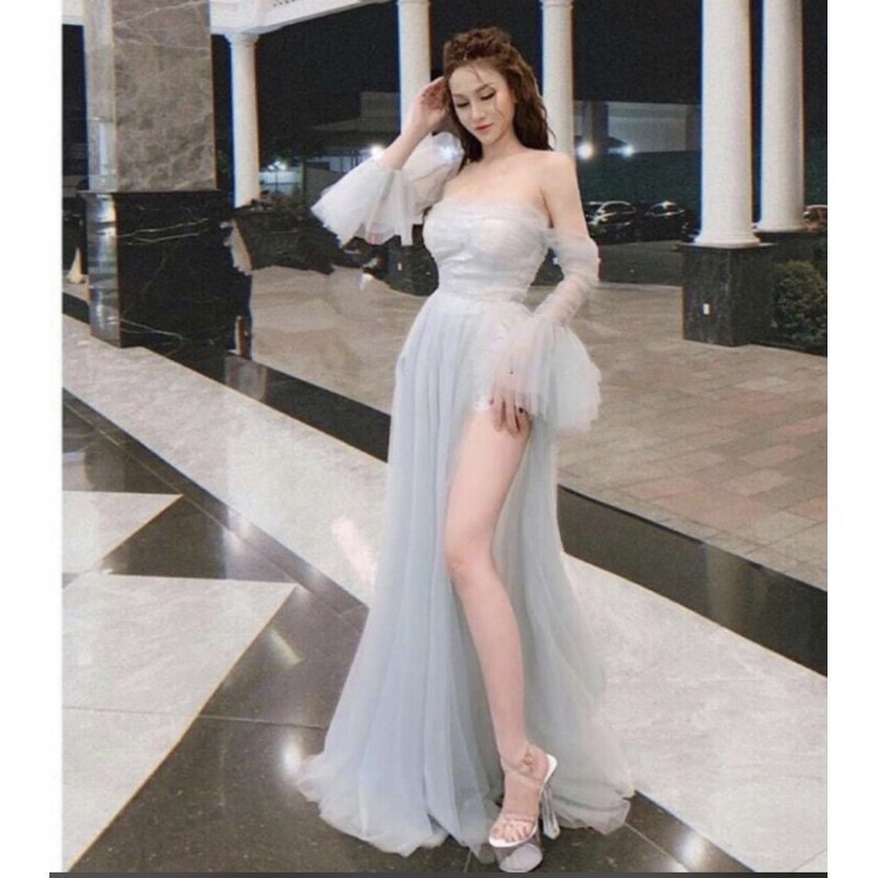 Đầm maxi dự tiệc tay loa xẻ đùi trễ vai lưới TRIPBLE T DRESS - size M/L - MS246V