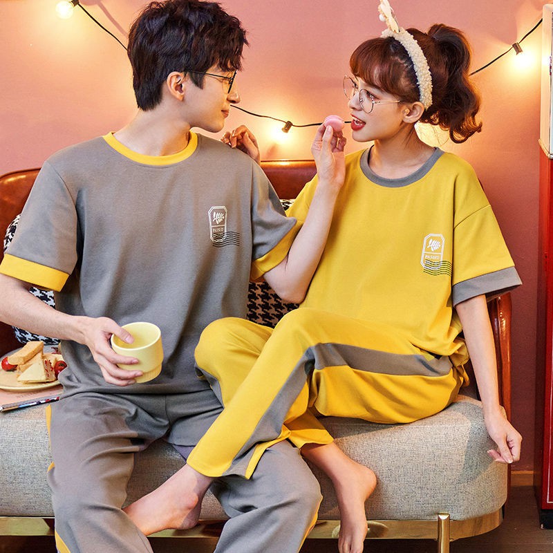 bán trực tiếp nhà máy bán nóng✙2 bộ cặp vợ chồng đồ ngủ nữ mùa hè cotton mỏng nam hai mảnh ngắn tay mã lớn dịch