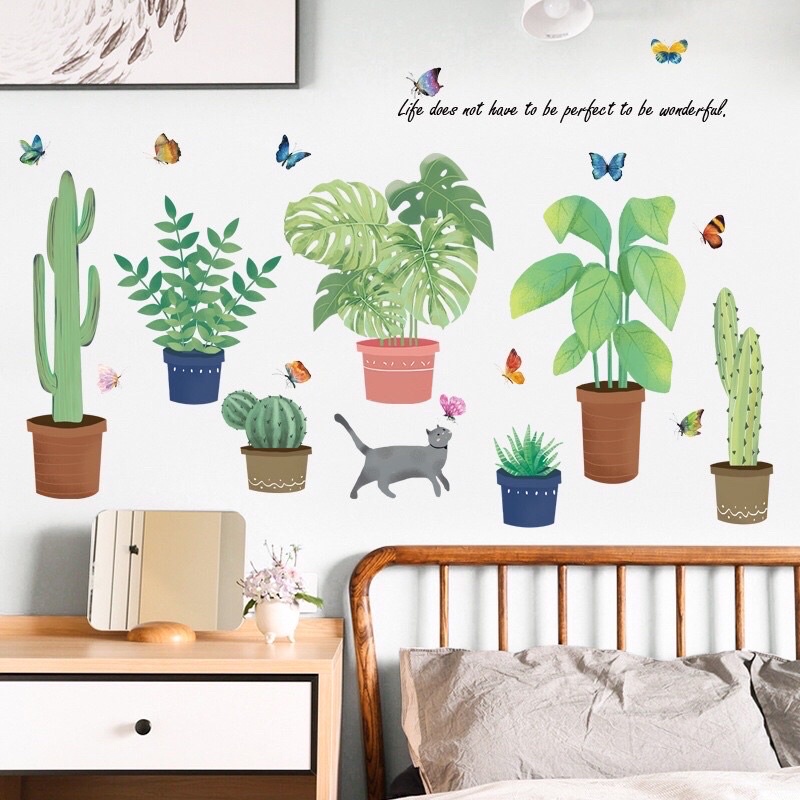 [size lớn] Decal dán tường chậu cây mèo và cây xanh tán rộng