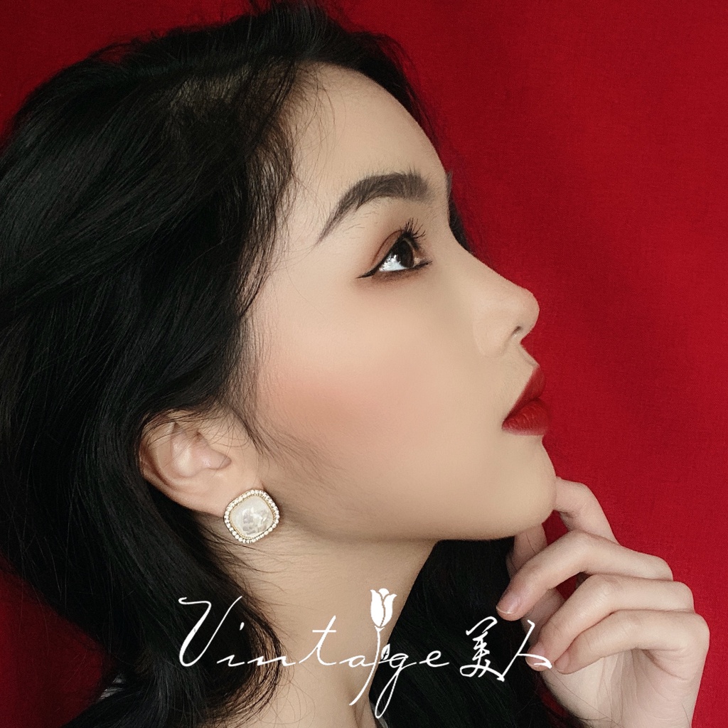 Bông Tai Mạ Bạc 925 Hình Vuông Đính Vỏ Sò Phong Cách Hong Kong Retro Nhật Bản