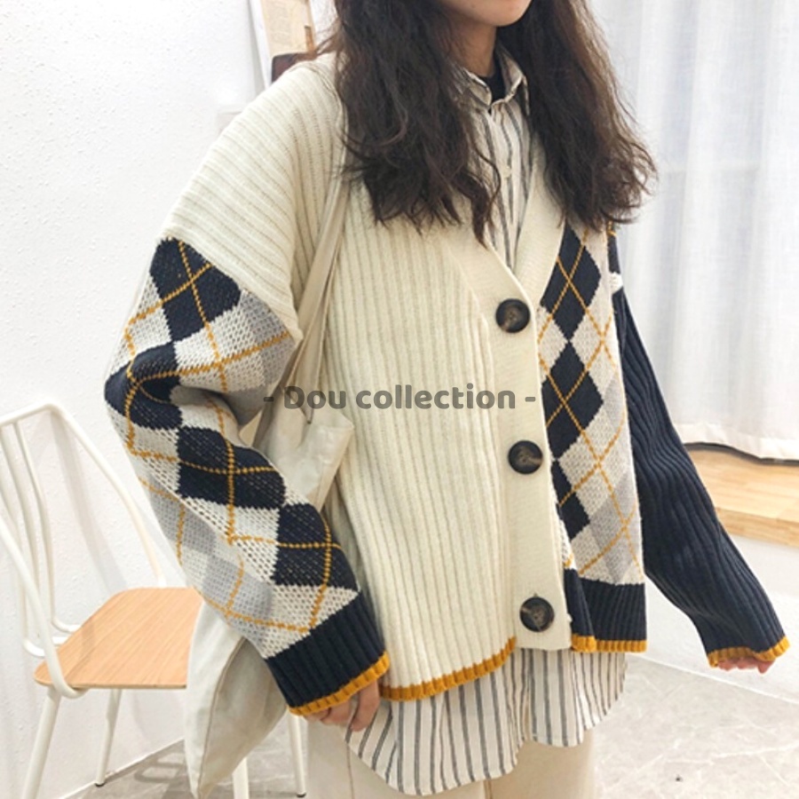 [Nowship2h] Áo Khoác Cardigan Form Rộng Họa Tiết Caro, Áo Khoác Len Thời Trang Thu Đông - Mã TA041