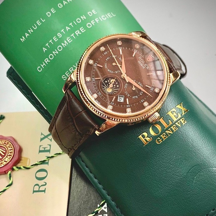 Đồng hồ Nam Rolex hàng chính hãng cao cấp đồng hồ cơ Automatic máy nhật chạy full 6 kim dây da mặt số đính đá