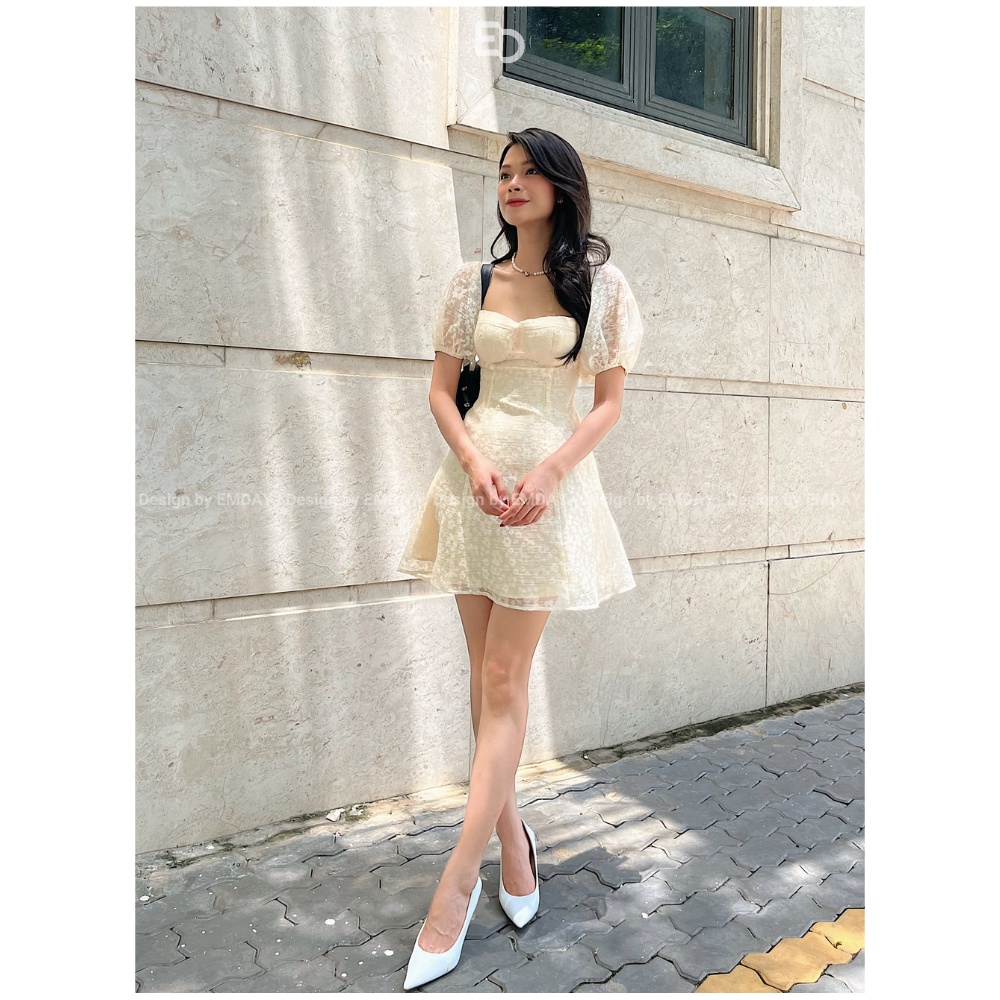 Đầm EMDAY Thiết Kế Cao Cấp, Váy Nữ Dáng Xoè Màu Trắng Cúp Ngực Tay Phồng Tôn Dáng Hoạ Tiết Voan Thêu Hoa - Monoa Dress