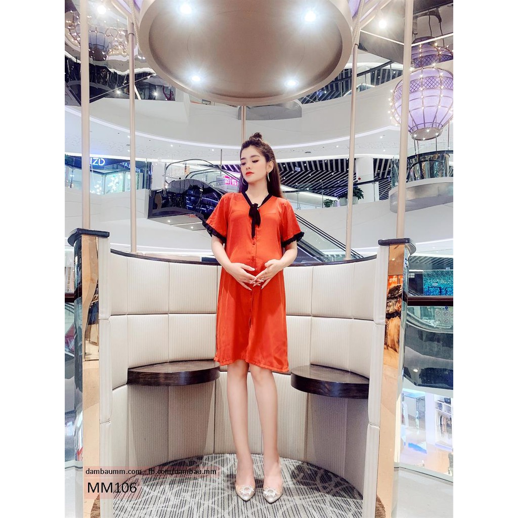 Đầm bầu xinh ,váy bầu công sở dáng suông cài cúc cột nơ M&M MM106