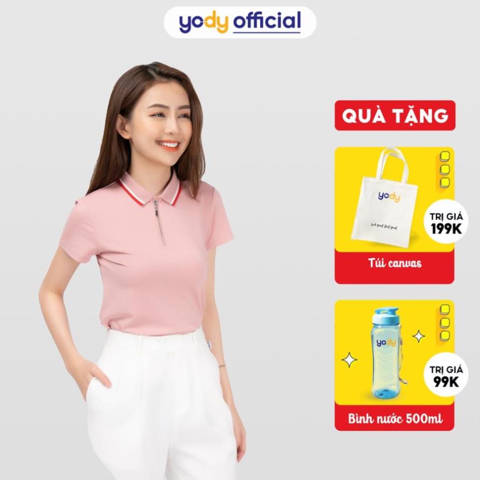 Áo thun polo nữ Yody mắt chim cổ bẻ, áo phông tay ngắn phối bo kẻ sọc có khóa kéo cao cấp APN3876 ! ,