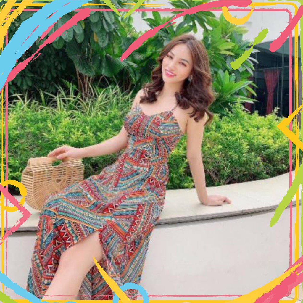 tuan00006 Đầm maxi thổ cẩm đan lưng, xẻ tà tuan00006