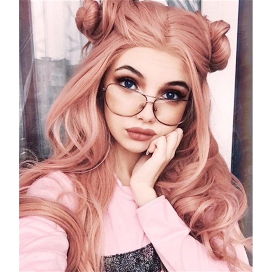 Bộ Tóc Giả Nữ Xoăn Dài Màu Hồng Cá Tính