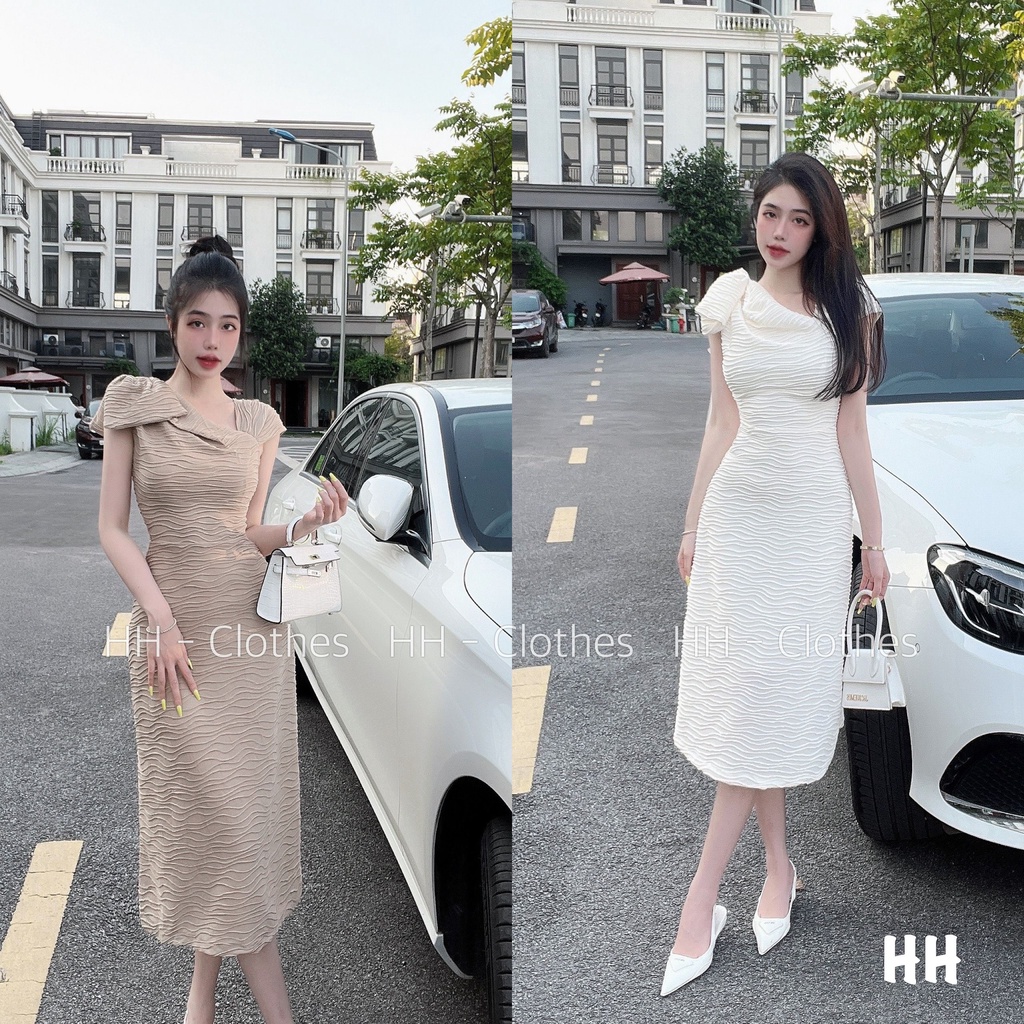 Váy xốp sóng lệch vai nơ