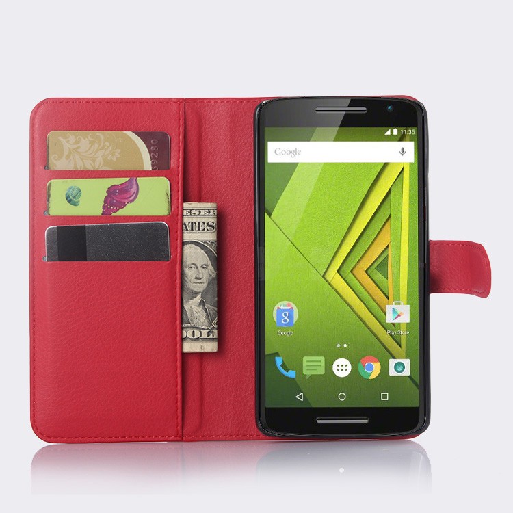 Motorola Moto X Play Case Litchi Leather Wallet Flip Card Slots Stand Holder