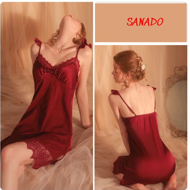 Váy ngủ lụa 2 dây, áo choàng ngủ Sanado hàng quảng châu cao cấp đồ ngủ nữ đẹp gợi cảm V21