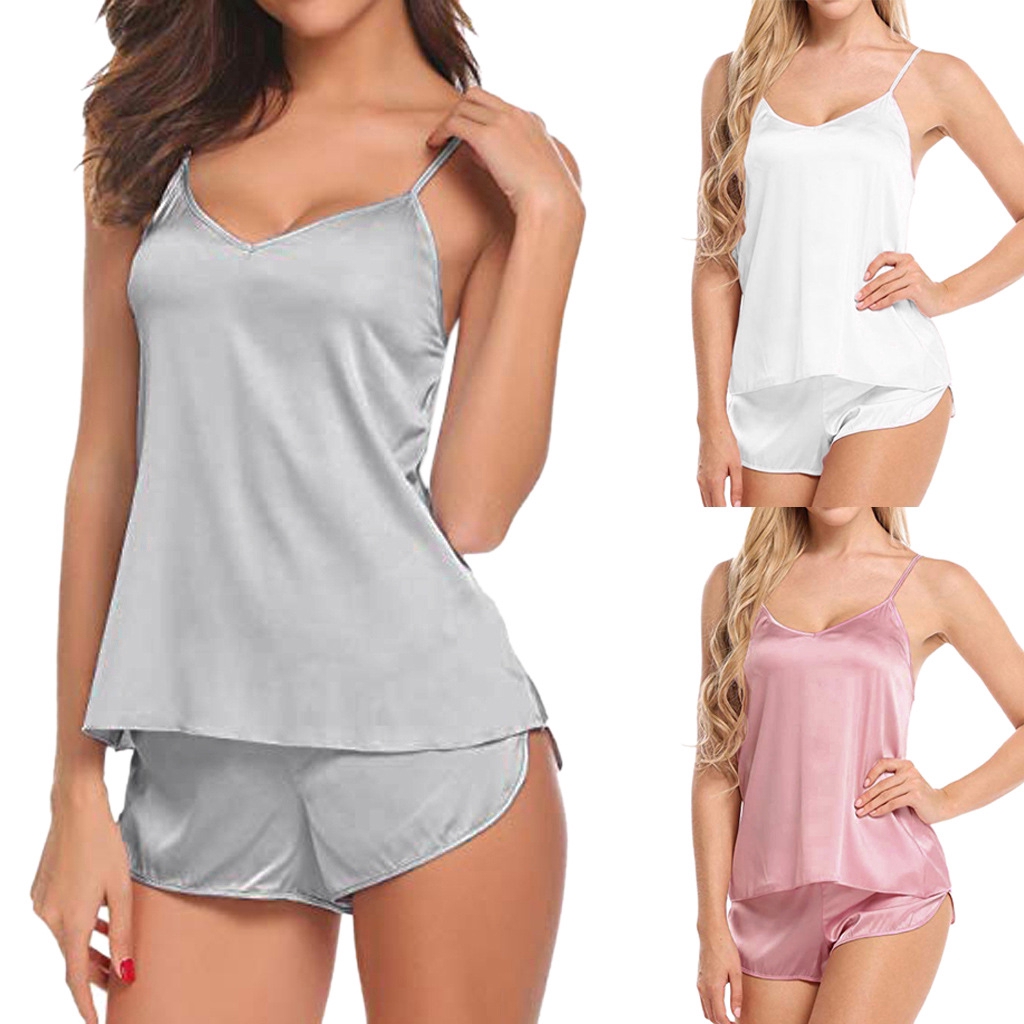 Bộ Đồ Ngủ Lụa Satin Sát Nách Cổ Chữ V Quyến Rũ Cho Nữ