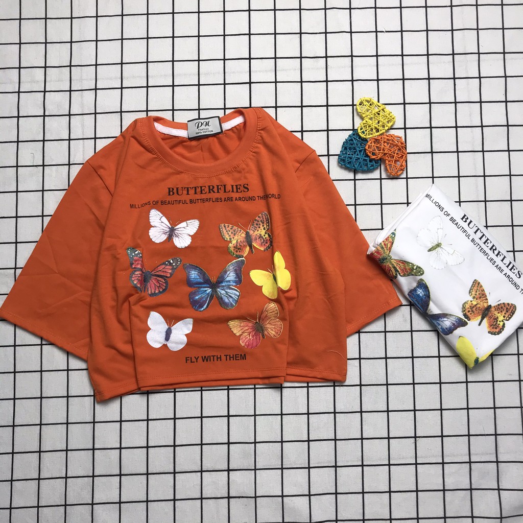Áo Croptop Nữ Tay Lỡ In Hình Nhiều Bướm Lapi VN Phong Cách Ulzzang Freesize Phom Rộng, Áo Thun Unisex
