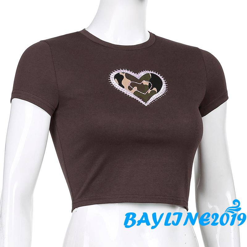 Áo Thun Lửng Ngắn Tay In Họa Tiết Trái Tim Thời Trang Cho Nữ