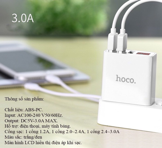 [SALE 10%] Củ sạc Hoco C15 sạc 3 cổng USB có đồng hồ đo dòng điện