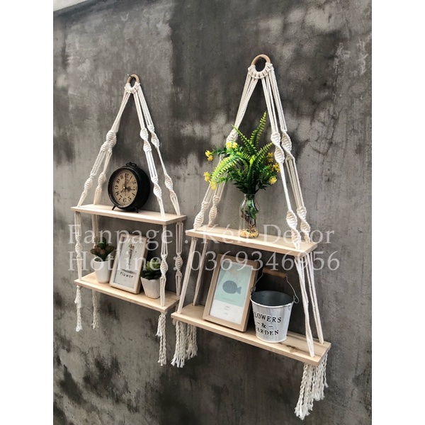 Kệ gỗ treo tường gỗ Quế thơm Macrame