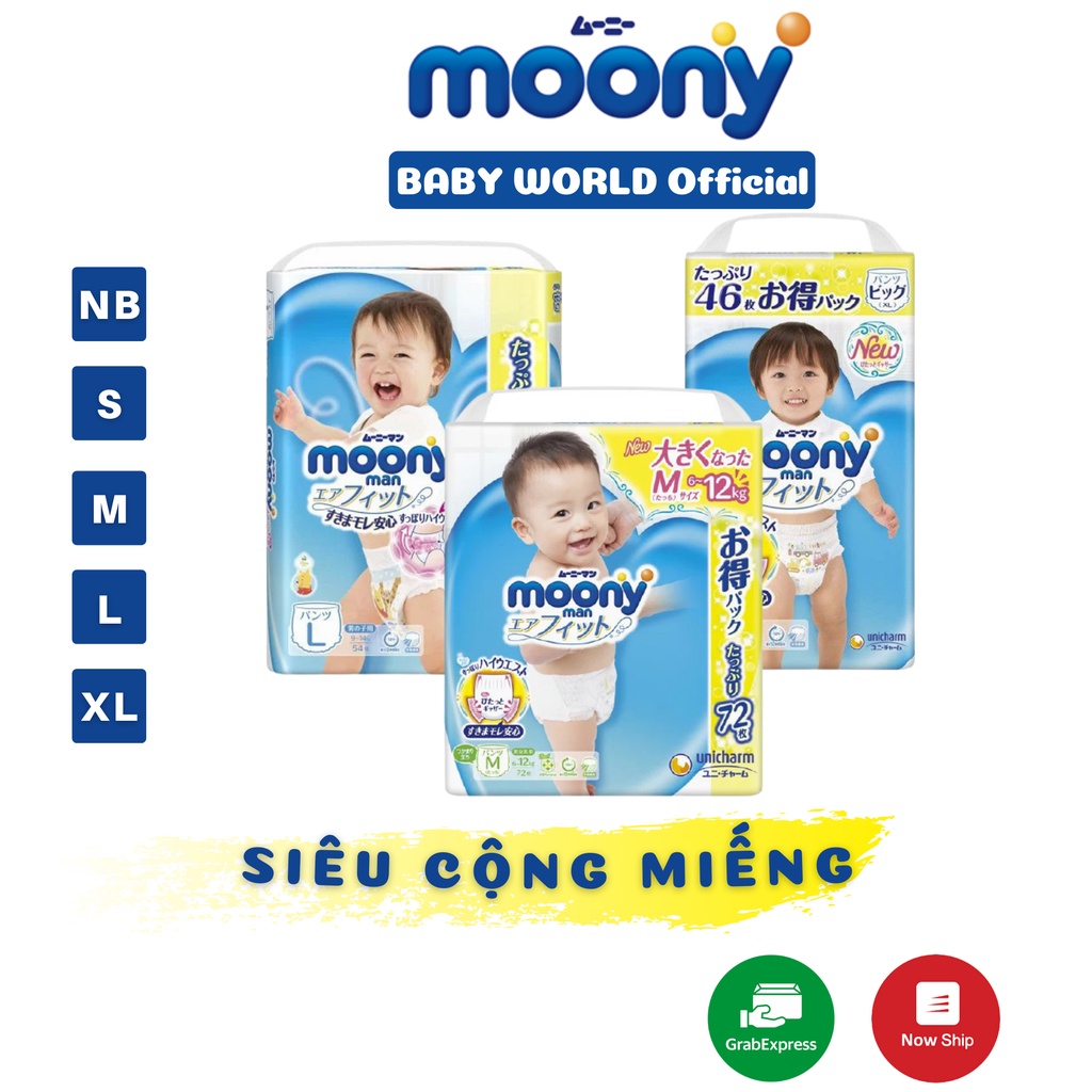 Tã bỉm moony siêu cộng miếng, tả dán/quần moony xanh siêu cộng địa nhật size NB111/S102/M78/M70/L54/XL46