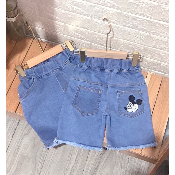 Quần sooc bò cho trẻ em 8-22kg, mẫu thêu chuột cho bé