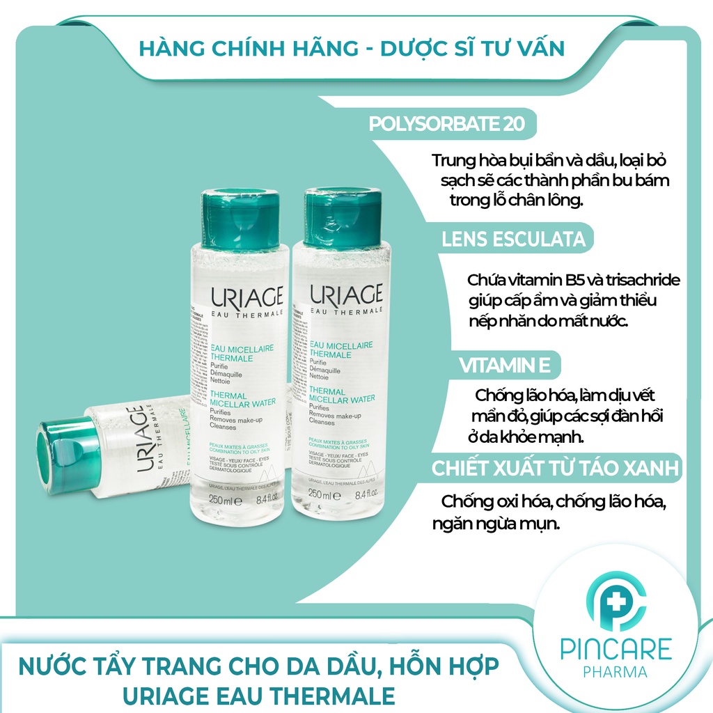 Nước tẩy trang cho da dầu mụn Uriage Eau Micellaire Thermale PMG 250ml (màu xanh) - Hành chính hãng - Nhà thuốc PinCare