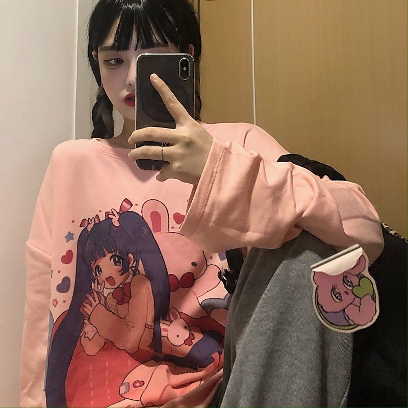 NRVP Áo Thun 100% Cotton Tay Dài Dáng Rộng In Họa Tiết Phong Cách Hàn Quốc Cho Nữ