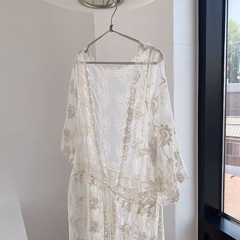 Áo choàng ren biển hoa dáng dài qua gối (~120cm) 1090#