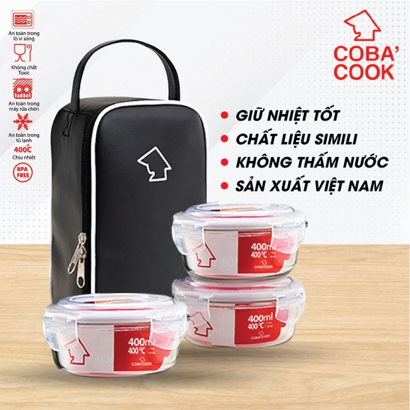 Bộ 3 hộp đựng cơm thủy tinh COBA'COOK 400ml hình tron 400ml túi simili giữ nhiệt - CCR43LS