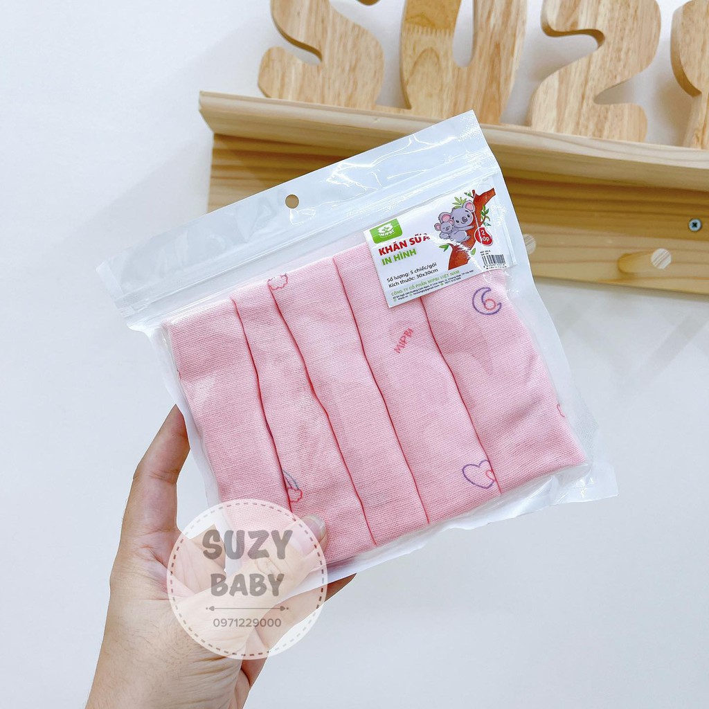 Set 5 Khăn sữa MIPBI 2 lớp cotton in hình 30x30cm 100% vải cotton không xù không bai Việt Nam