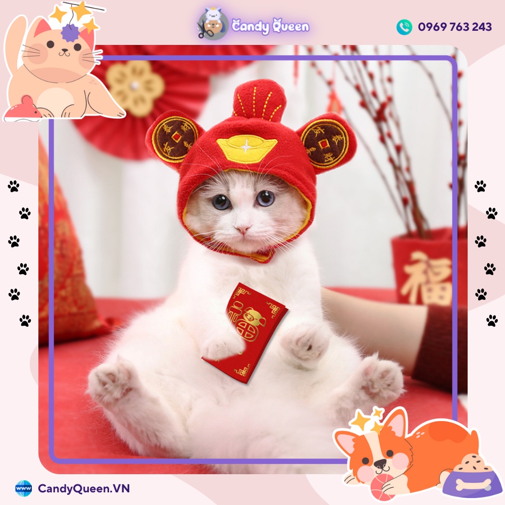 [Nón Đội Chơi Tết Cho Thú Cưng] ⚡Kiểu Dáng Đáng Yêu Hình Thần Tài, Mèo, Bò Ngộ Nghĩnh