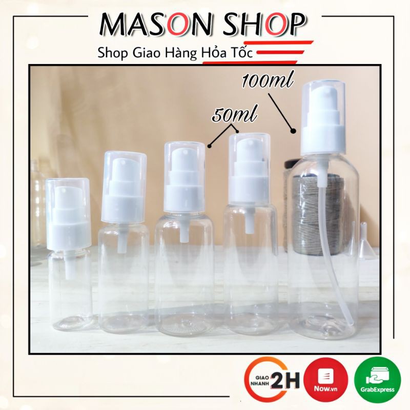 LỌ CHIẾT MỸ PHẨM dạng vòi NHẤN XỊT GIỌT 50ml/100ml VỎ BÌNH CHAI NHỰA PET Trong suốt giá sỉ rẻ