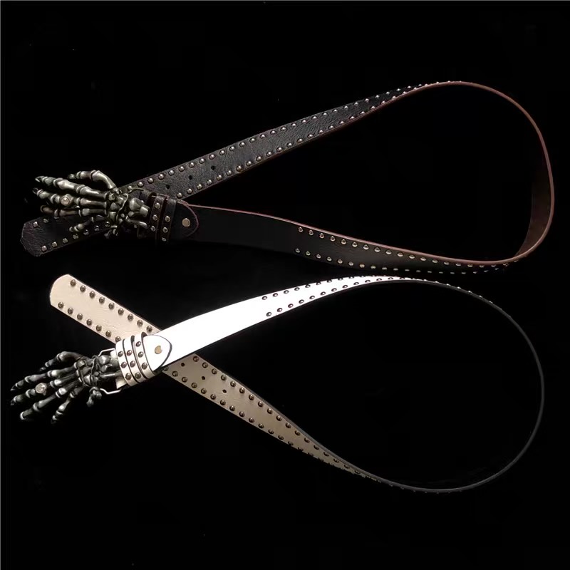 Shibuya Thắt Lưng Da Đính Đinh Tán Hình Đầu Lâu Kim Loại Màu Xanh Dương Phong Cách Punk Hip Hop